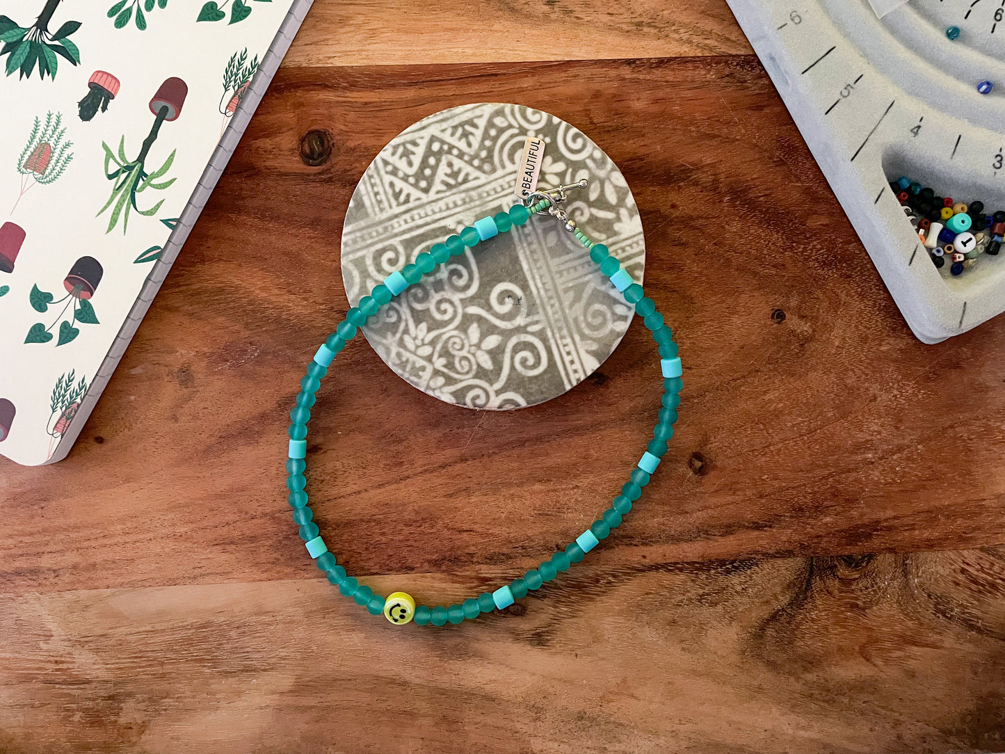 16" Necklace Porcelain, glass 6mm, polymer, seed beads, pewter, stainless steel "handmade"