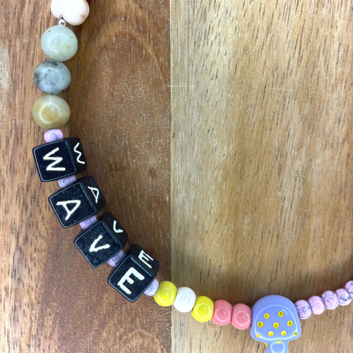 Wave (millefiori, letter beads, stainless steel, agata, turquoise, seed beads, glass, stones, resin, acrylic). Length 16.25"