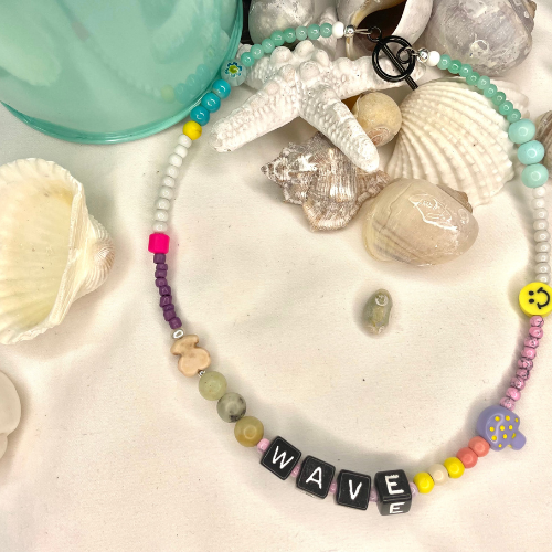 Wave (millefiori, letter beads, stainless steel, agata, turquoise, seed beads, glass, stones, resin, acrylic). Length 16.25"