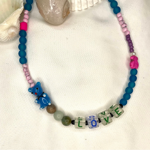 Love (Letter beads, glass, acrylic, agata, resin, seed beads, stainless steel) Length: 16"