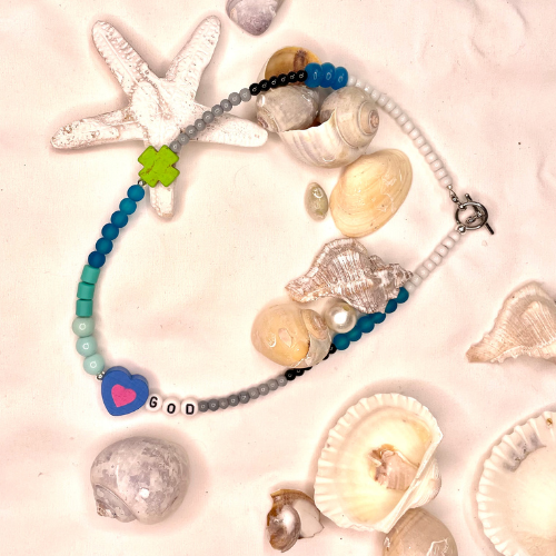 Love God (wood, glass, resin, acrylic, turquoise cross, quartz, stainless steel) Length: 16"